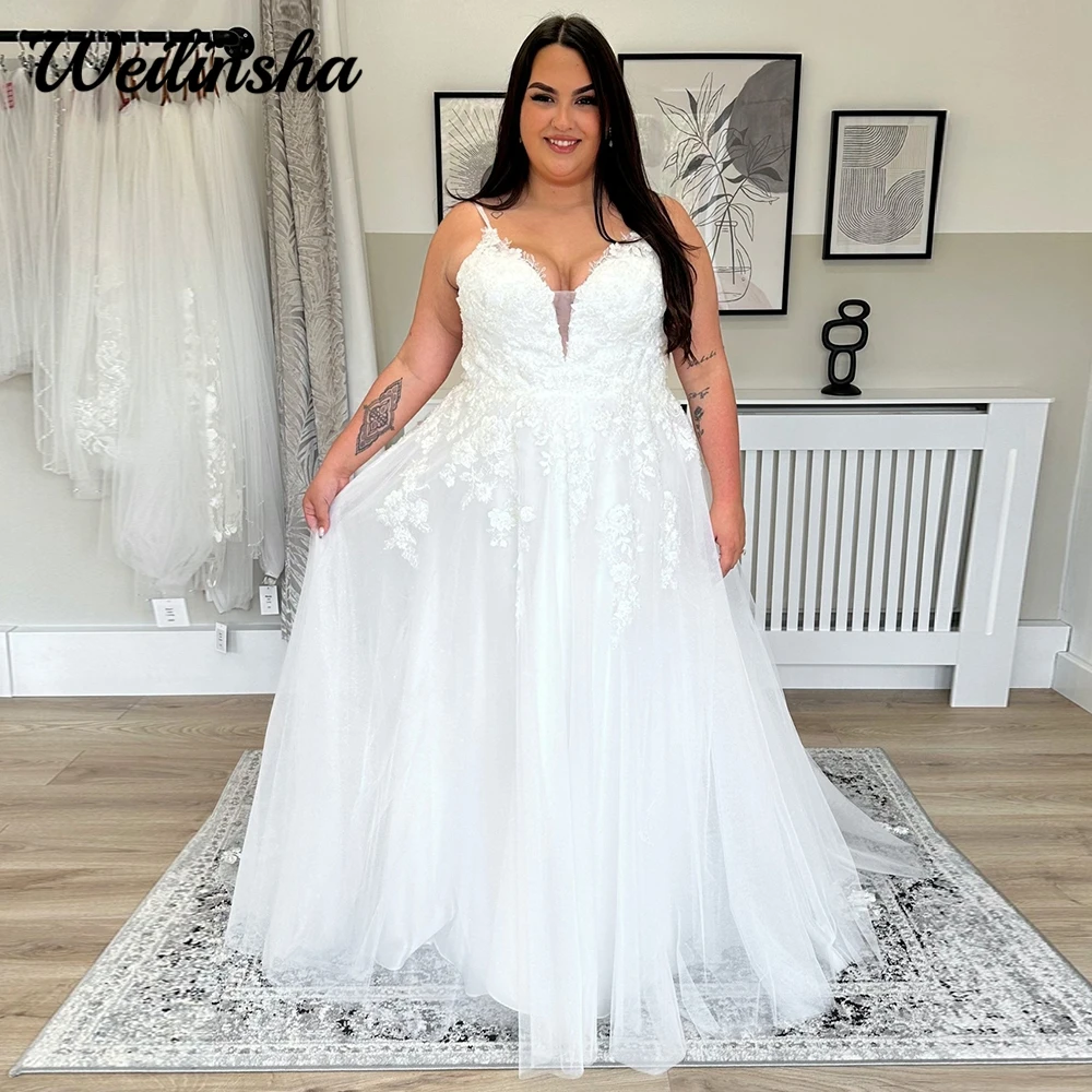 

Weilinsha Appliques Wedding Dress Plus Size Woman A Line Lace Tulle Civil Bridal 2024 Spaghetti Straps V Neck Court Train