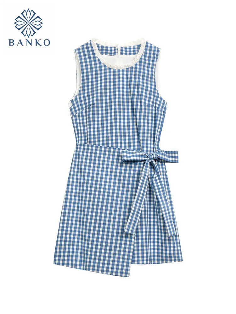 

French Elegant Fashion O-Neck Plaid Straight Dress Summer 2000s Women Sexy Sleeveless A-line Dress Sweet Bow One-Piece Frocks