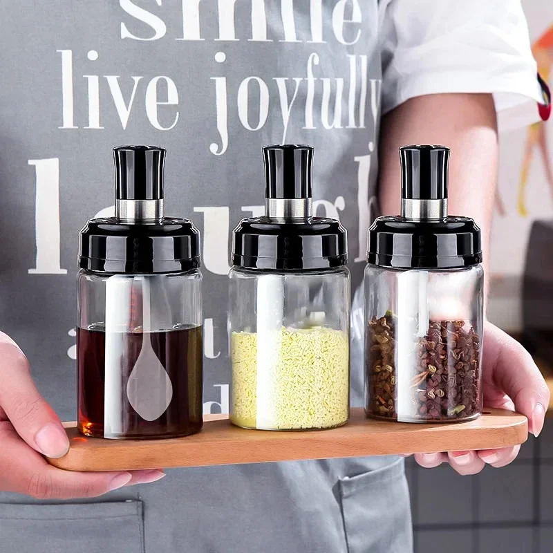 Seasoning Jar 3Pcs 250ml Condiment bottle with spoon Spice Tank Automatic Opening and Closing Plastics for Filling Seasoning Oil Salt Vinegar