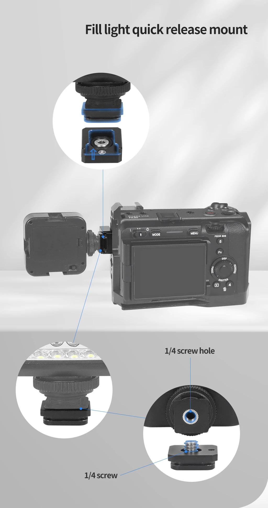 Description Picture 5 of itemQuick Release Cold Shoe Mount Adapter Base 1/4" ARRI Mounting Screw Tripod for Camera Cage Flash LED Light Monitor Holder