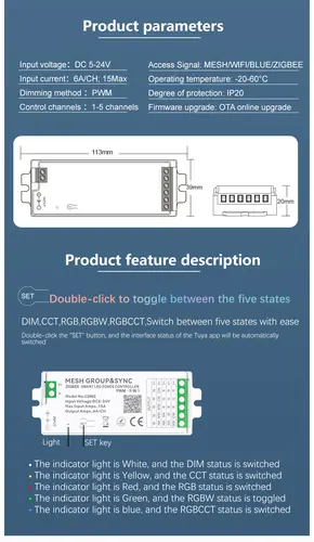Tuya Smart Life Home 12V 24V 15A Dimmer CCT RGB LED Light Strip Bluetooth WiFi Zigbee 5in1 Controller Xiaomi Alexa Button Switch - Image 3