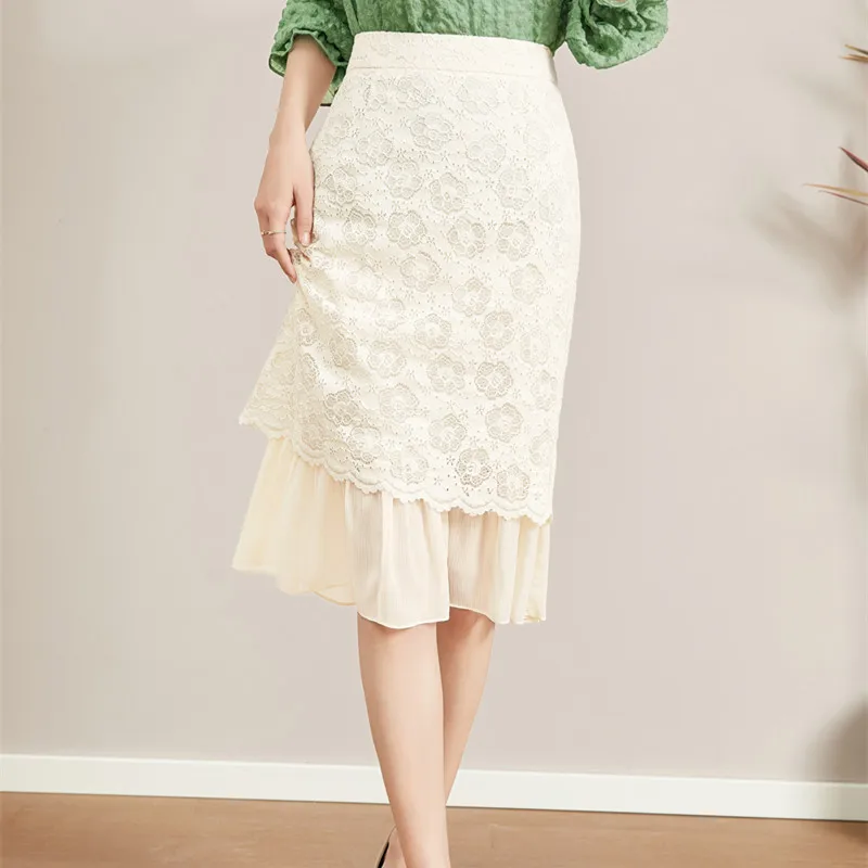 red skirt All Match Hook Flower Skirt Spring Patchwork Mesh Elegant Party Lace Skirts 2022 Woman Package Hip Straight Jupe High Waist cute skirts