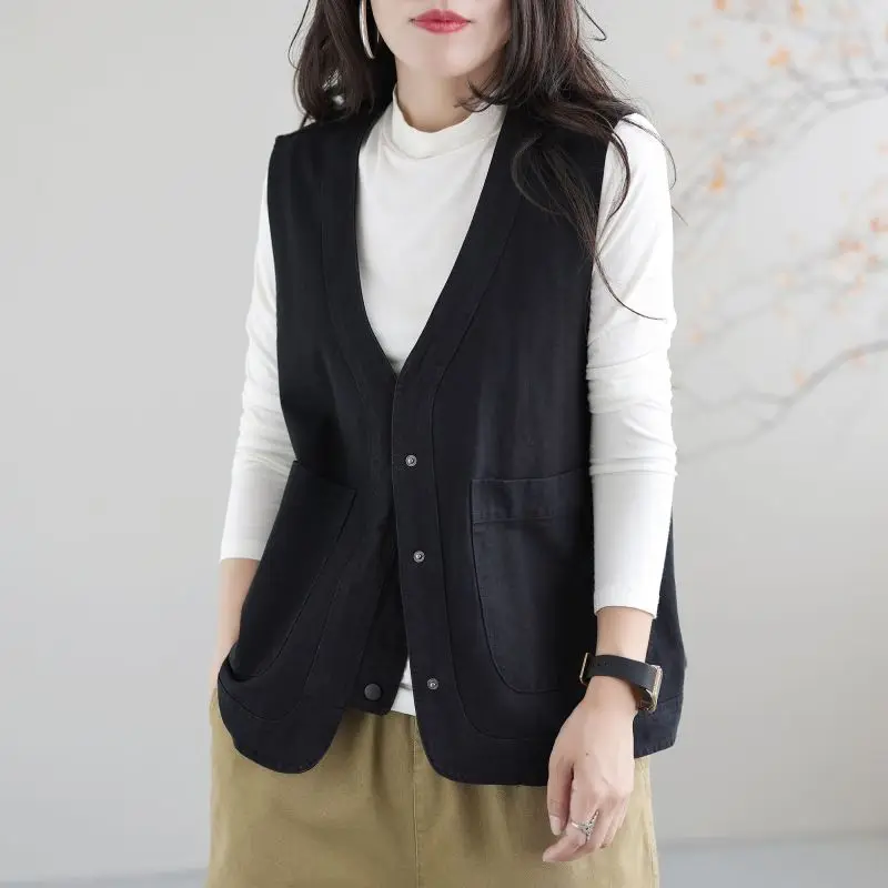 2023 New Spring Fashion Minimalist Retro Solid V-neck Cardigan Pocket Work Vest Temperament Commuting Loose Casual Chic Jacket women s retro skirt spring and autumn temperament lapel chic button a line dress korean casual puff sleeve drawstring dress