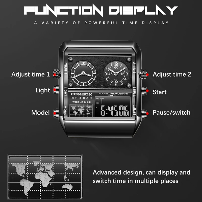 New Original FOXBOX Luxury Square Stainless Steel Men's Digital Wristwatch Fashion Business Waterproof Luminous Watches For Men