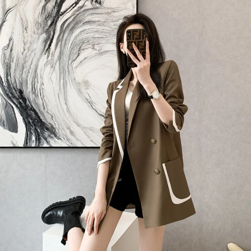 Women Korean Fashion Notched Contrast Color Street Chic Oversized Blazers Jacket Spring Autumn Casual Long Sleeve Outerwear Tops