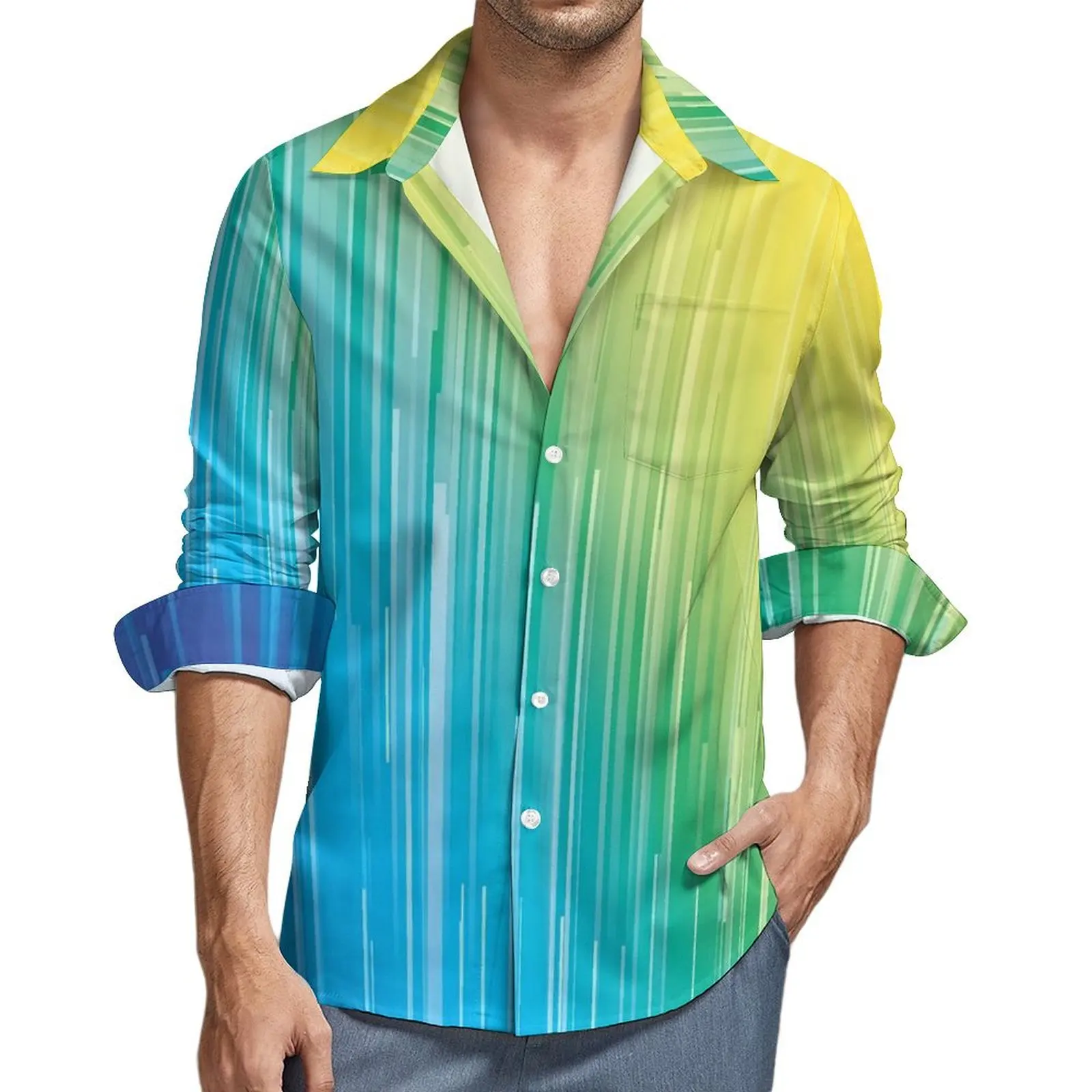 

Rainbow Striped Shirt Autumn Vertical Lines Casual Shirts Men Classic Blouse Long Sleeve Graphic Breathable Tops Plus Size
