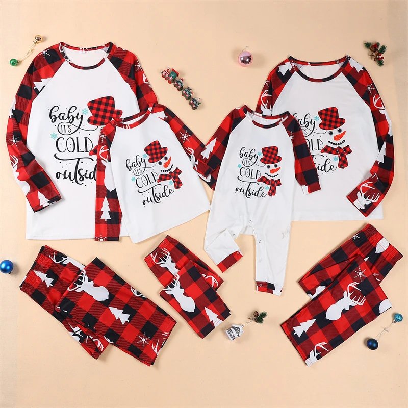 

2023 Cute Christmas Family Matching Outfits Plaid Father Mother Kids Baby Pajamas Sets Snowman Mommy and Me Xmas Pj's Clothes