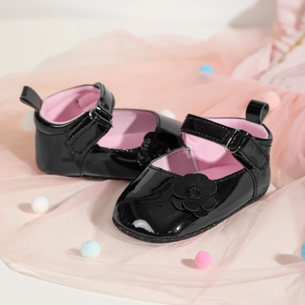 KIDSUN Black Flower Baby Girl Shoes Pu Leather Shallow Baby Shoes Newborn Cotton Soft Sole Princess Shoes Baby Mary Janes 4