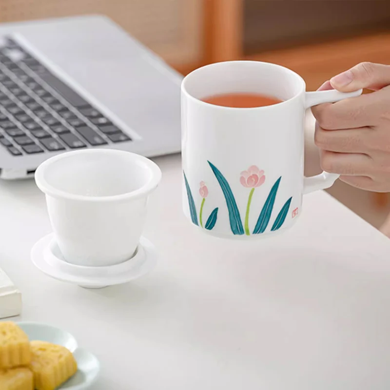 Chinese Style Ceramic Mugs, Home Personal Office Creative Teacup With Cover, Filtered Tea Water Separation, Tea Cups, 450ml, 1Pc