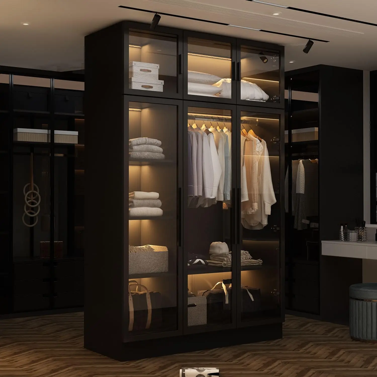 

FAMAPY Amoire wardrobe with glass doors and shelves with light, wardrobe wardrobe with boom, bedroom black