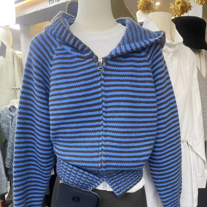 Japanese Y2K Harajuku Hot Girl Retro Contrast Striped Knitted hoodie Autumn/Winter Women Loose Casual Zipper Sweater emo - Image 3