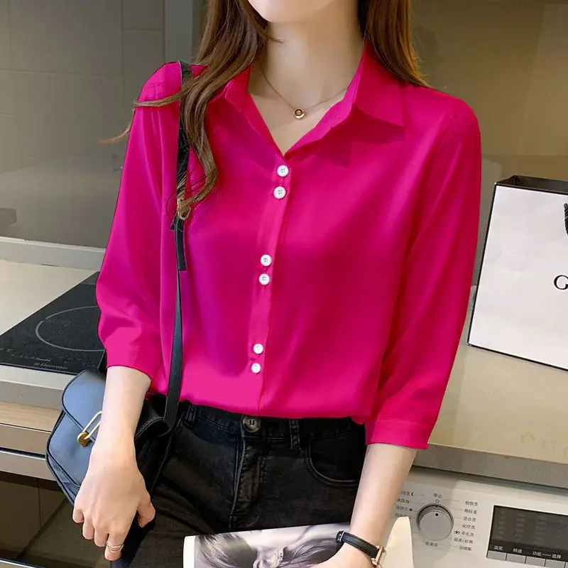 Spring Autumn Fashion Elegant Polo Neck Long Sleeved Blouse Casual Versatile Western Solid Color Loose Clothing Women's Shirts