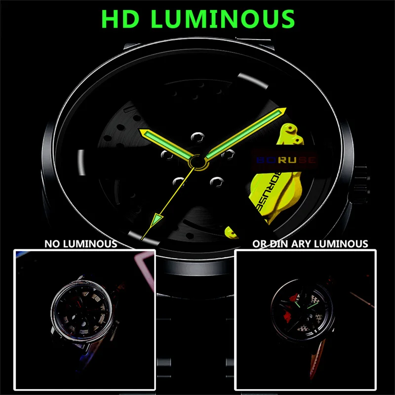 BORUSE Fashion Mens Car Wheel Watches Luxury Stainless Steel Waterproof Watch for Men Casual Quartz Wristwatch relogio masculino