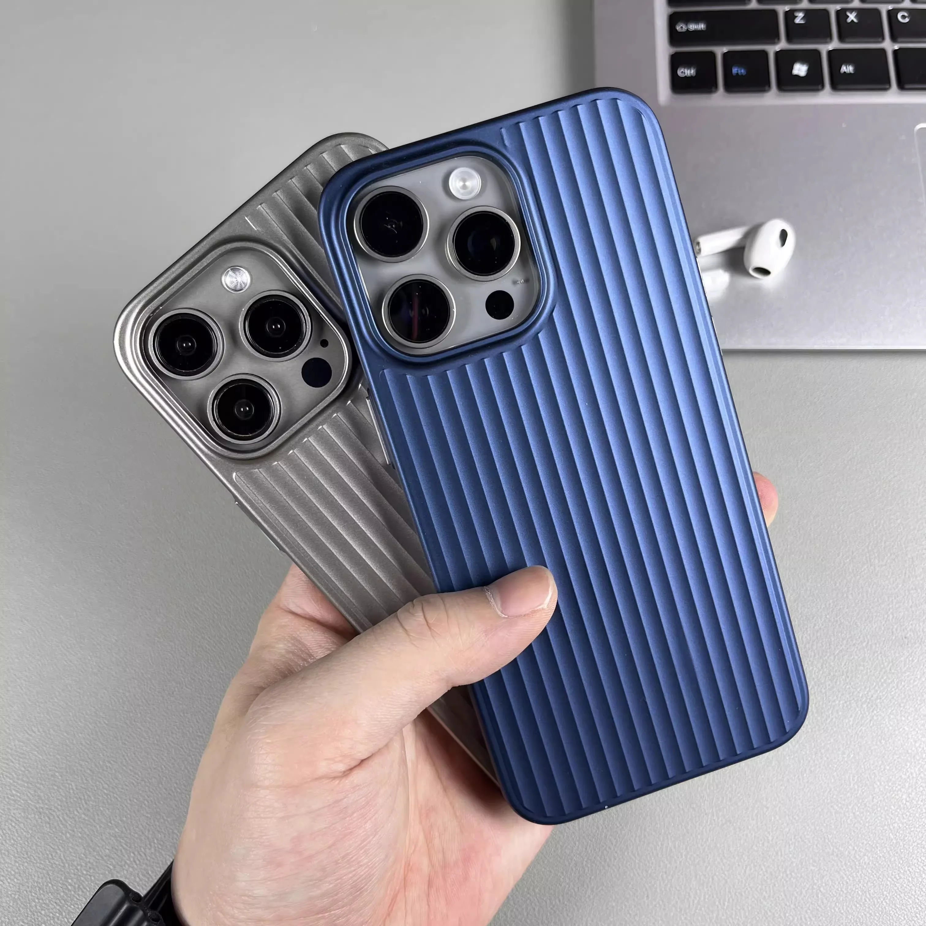 Natural Titanium Grating Stripe Pattern Shockproof Phone Case with Metal Buttons
