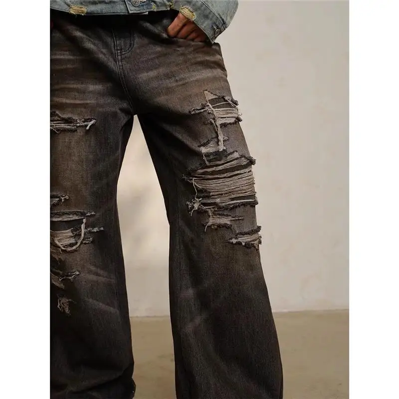 Retro American Waed Patchwork Men's Jeans Loose Micro Flared Dyeing Small ence Wide Leg Pants Daily Wear Long Trousers