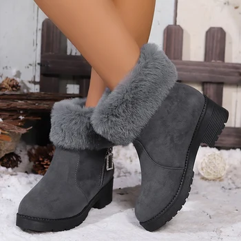 Winter Faux Fur Thick Heels Ankle Boots Women Faux Suede Short Plush Warm Snow Boots Woman 2025 Zipper Plush Winter Botas Mujer