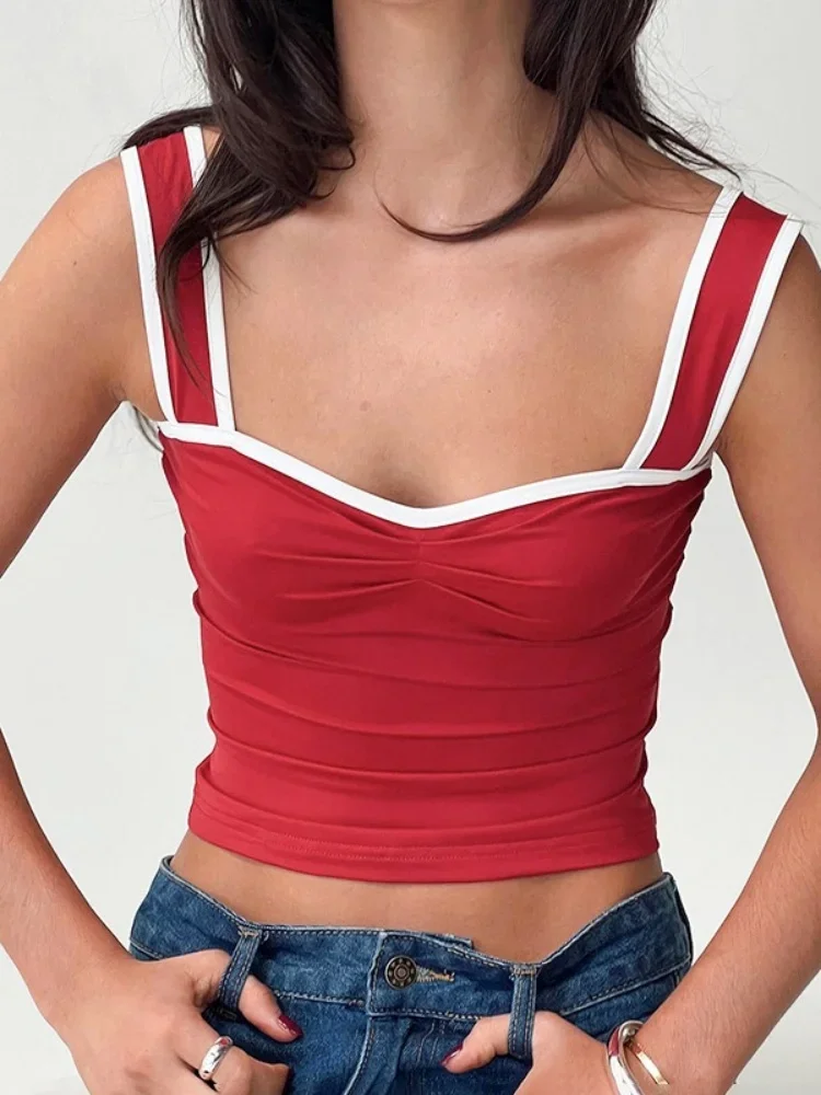 Casual Streetwear Contrasto Vincolante Halter Top Abbigliamento donna Colletto quadrato Camison Verano Shirring Strap Corsetto Y2k Accessori - immagine 2