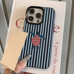 Blue Stripe Sea Turtle Pattern Lychee Soft Phone Case Cover - iPhone 15 Plus (1)