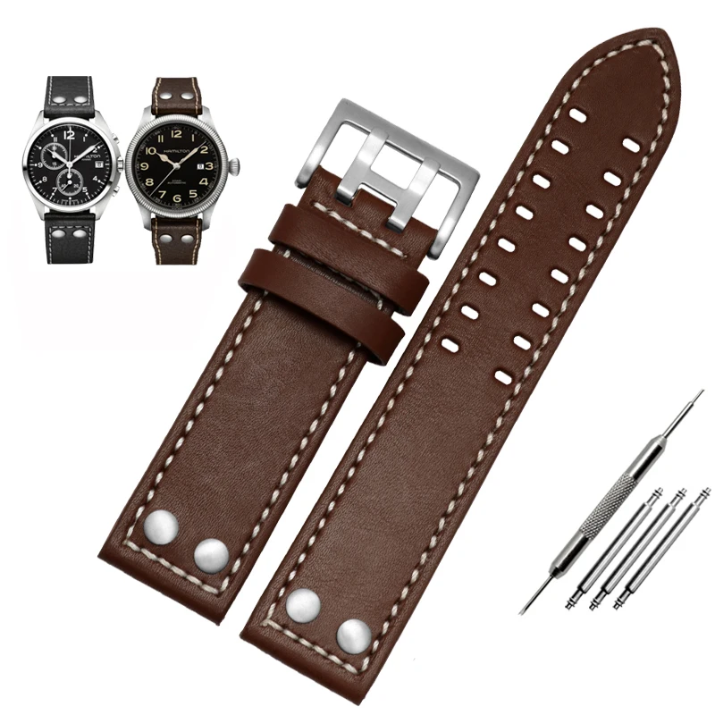 

Genuine Leather Watchband for Hamilton Khaki Aviation Field Series Men's Watch Band Bracelte with Rivets Strap Brown 20mm 22mm