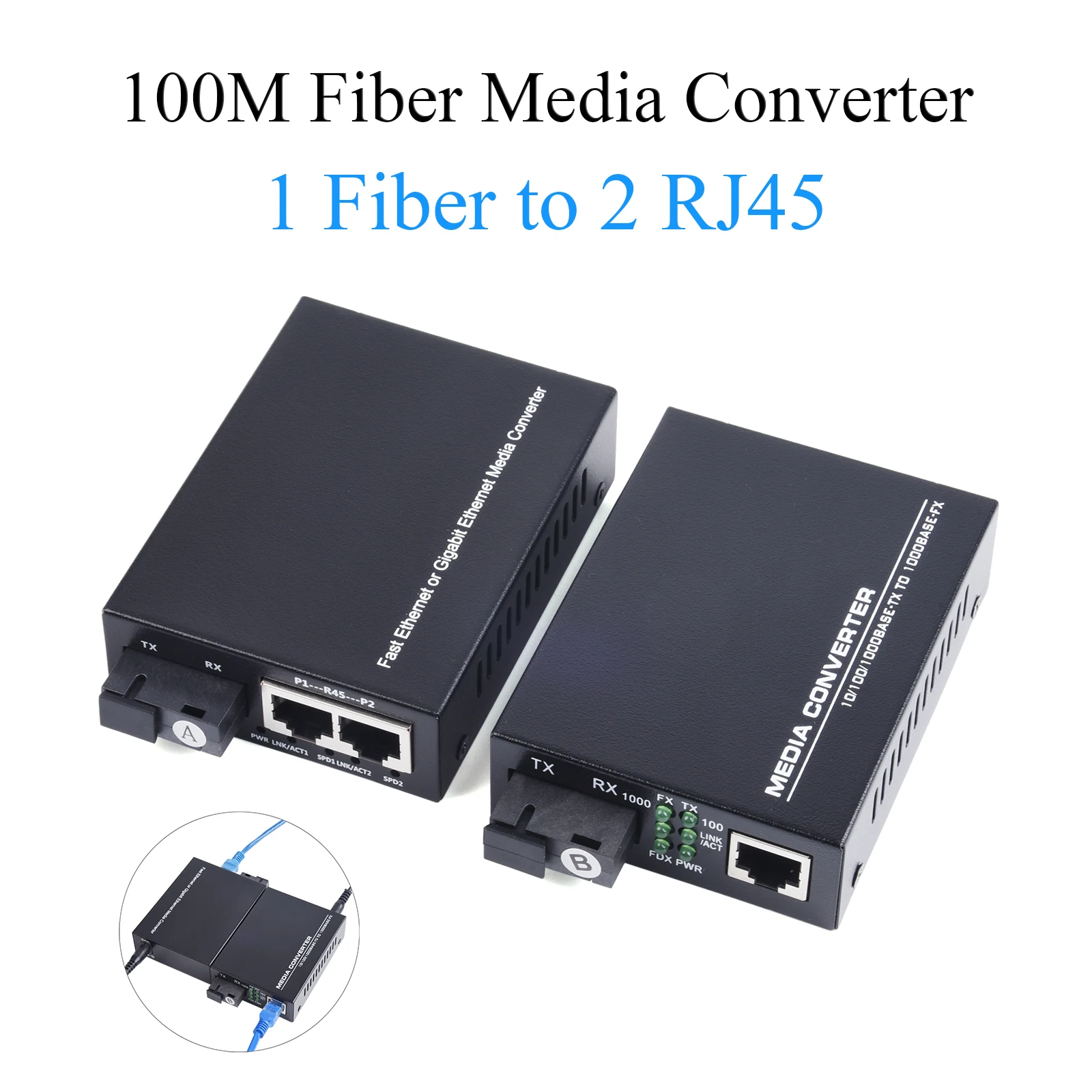 1 Pair 100M Fiber Optical Media Converter 10/100Mbps Single Mode 1 Fiber to 2 RJ45 UPC/APC SC-Port With Outdoor Wire
