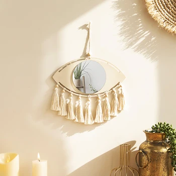 Specchio macramè Specchi decorativi per occhi Decorazioni da parete per la casa in legno Boho Specchio per trucco malocchio Camera da letto Soggiorno Decorazione nappa 1