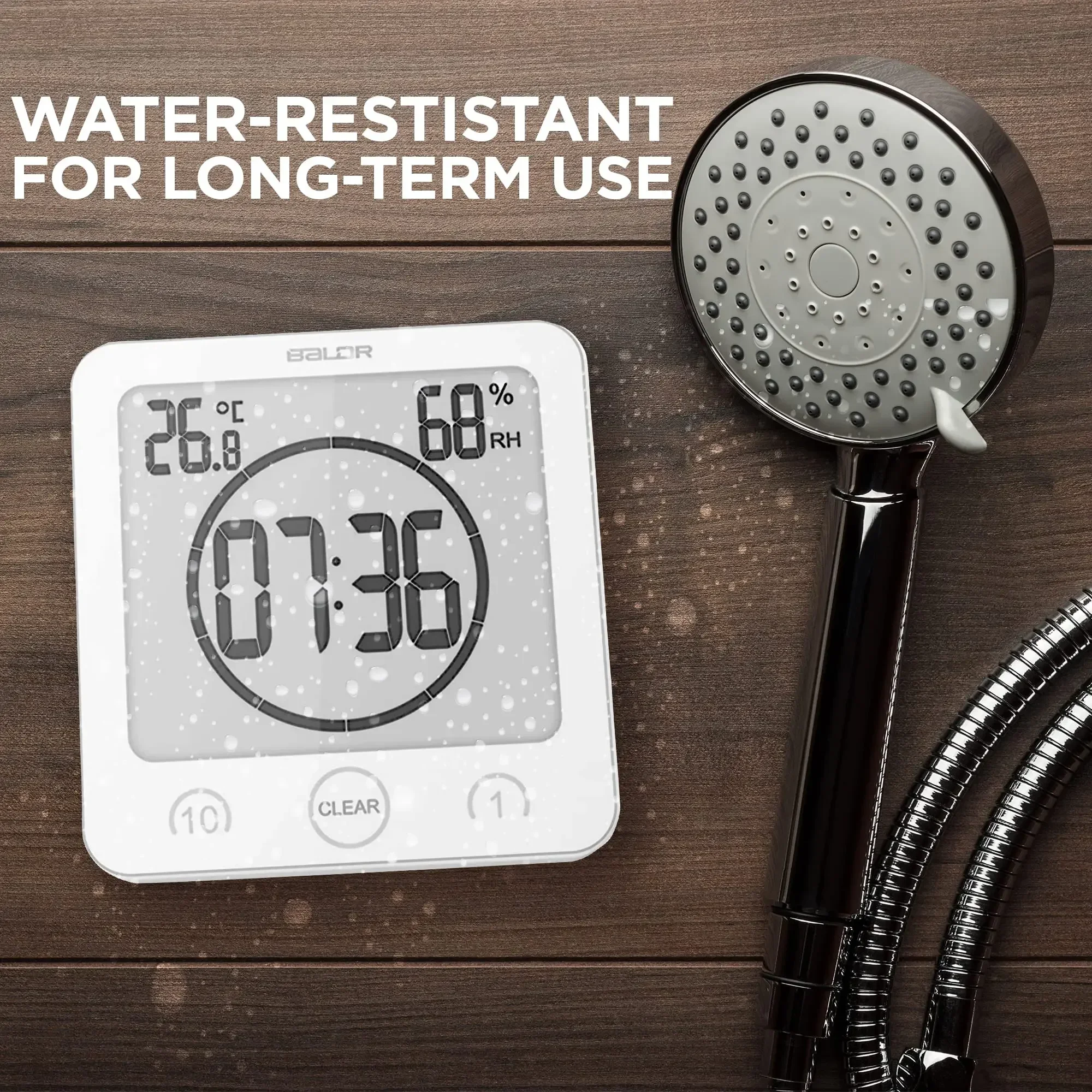 Digital Wall Clock Timer Waterproof Touch Screen Temperature Humidity for Bathroom Shower Room