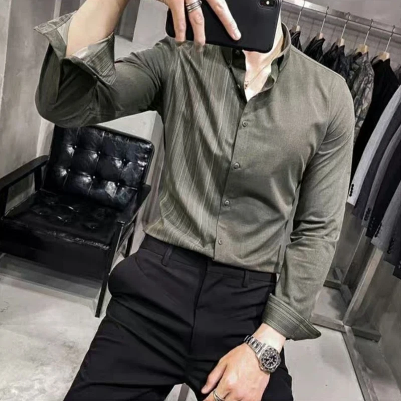 2023 Men's Clothing Capable ManTurn-down Collar Button Shirts Asymmetrical Loose Business Casual Fashion Formal Spring Summer