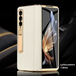 Elegant Leather Phone Case with Gold Plating and Magnetic Hinge Stand, Includes Mirror Film for Galaxy Z Fold8 Ultra (Lychee grain white)