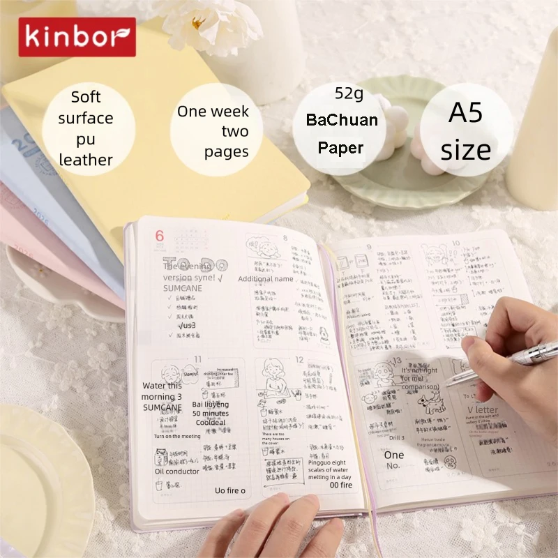 Kinbor 2026 A5 노트 플래너 프리미엄 PU 가죽 180 ° 플랫 저널 시간 관리/일정/메모 작성 달력 도서