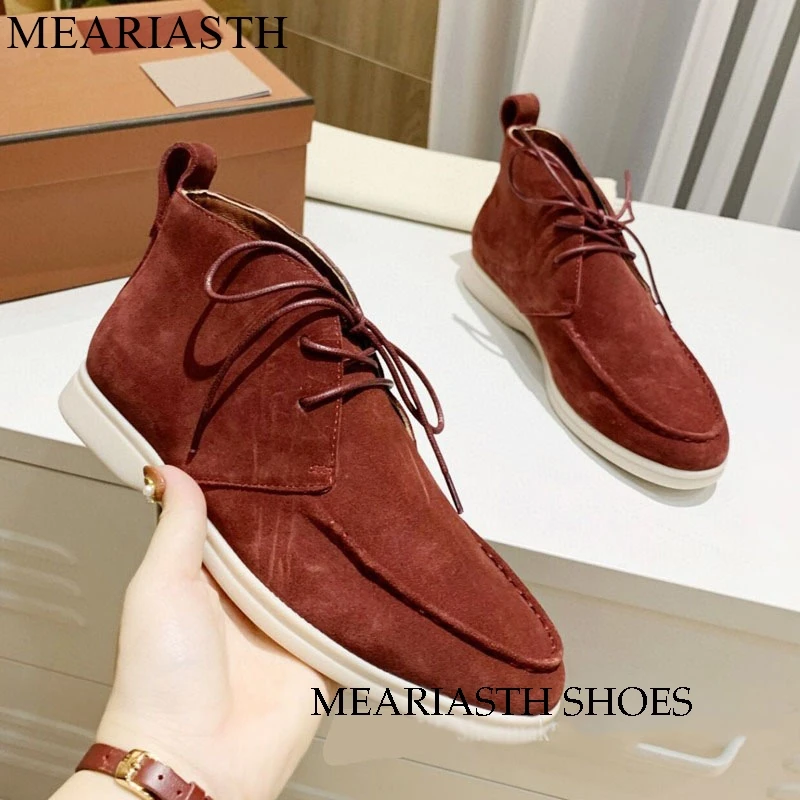 Meariasth High Top Real Suede Women Walking Shoes 2023 Autumn Lace Up