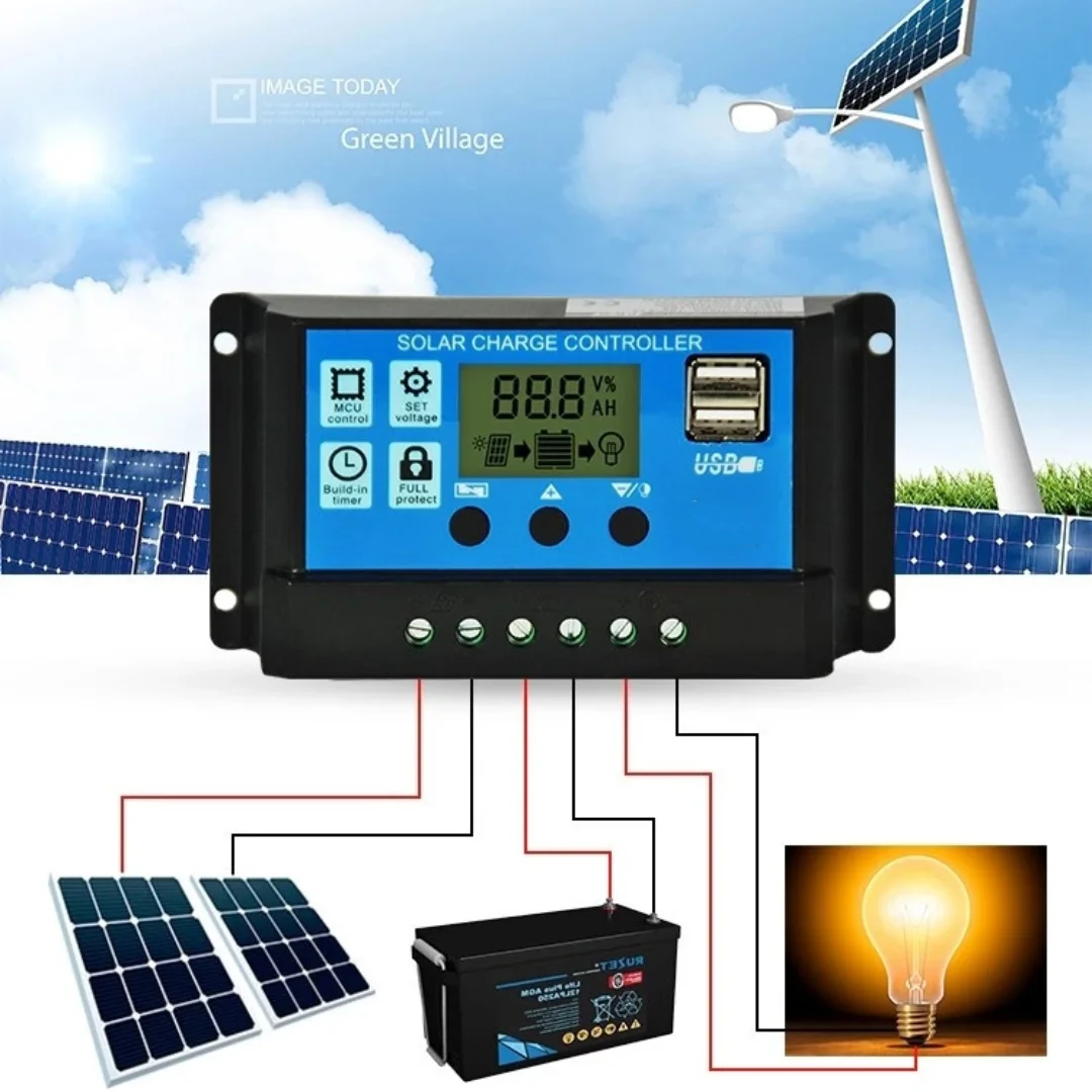 Solar Charge Controller 10A/30A Solar Charge Controller 12V24V Dual USB 5V Output Solar Panel PV Regulator with Optical Control Timing Function