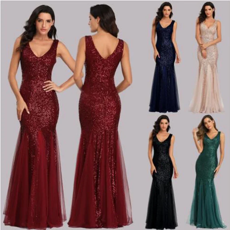 

2023 Sequin Splice Mesh Women's Formal Casual Sexy Deep V Slit Long Skirt Sleeveless Party Dance Clothing Wear Hot Wedding Dress