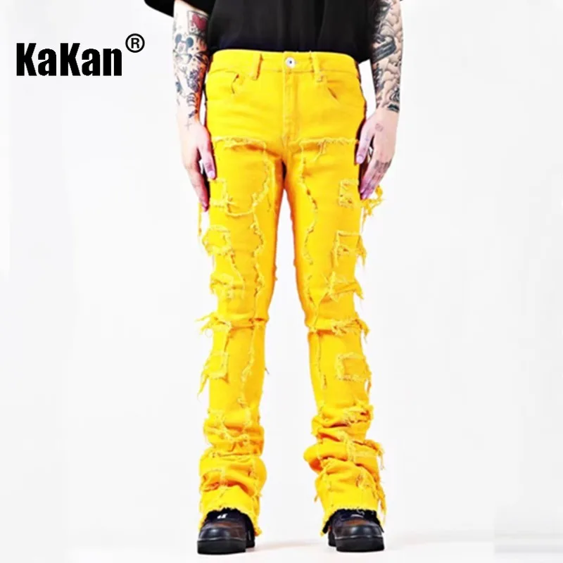 

Kakan - Europe and The United States New Personality Patch Fringe Jeans Men's, High Street Slim Long Yellow Jeans K9-2323