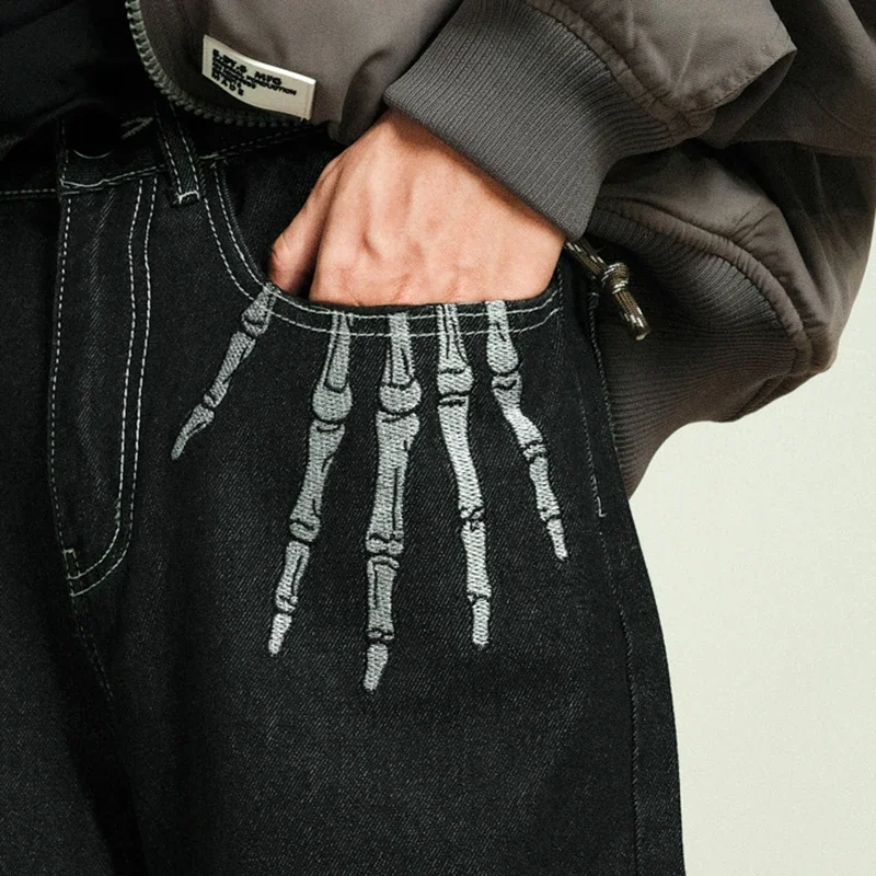 Skeleton Hand Embroidery Denim Pants Mens High Street Wide Leg Pants Streetwear Loose Casual Trousers Jeans Men 5