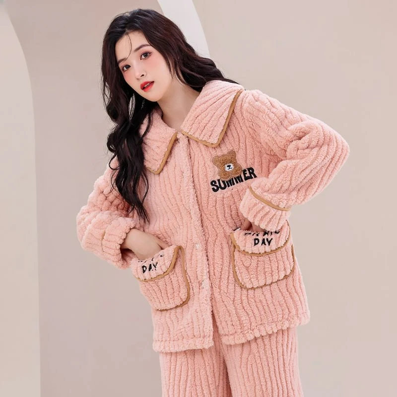 Female Pajamas Winter Women Thickened Jacquard Velvet Loose Home Wear Two-Piece Sweet Warm Suitable for Daily Wear Nightclothes