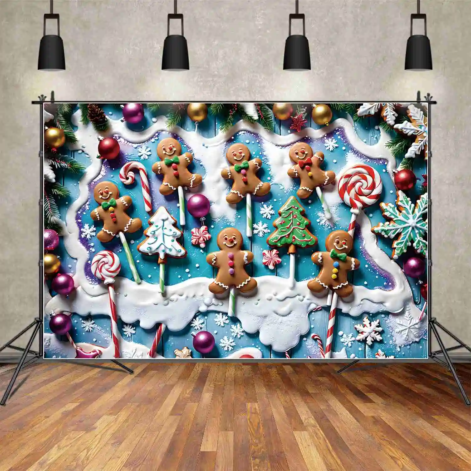 Moon.Qg Fondale Baby Christmas Banner Gingerbread Candyland Sfondo Pine Tree Ball Lollipop Thing Item Photozone Accessori