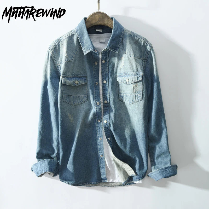

Japanese Retro Denim Shirt Men Spring Autumn Street Causal Jean Shirts Pure Cotton Long Sleeve Pocket Shirt Fashion Cowboy Top