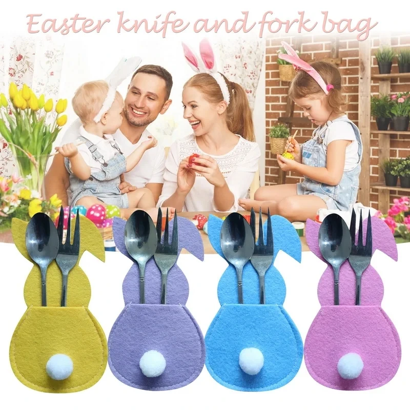 4 Pz/Set Portacoltelli E Forchette Pasquali Portaposate In Tessuto Non Tessuto Per Conigli Organizzatore Per Stoviglie Forniture Per Festival Di Decor