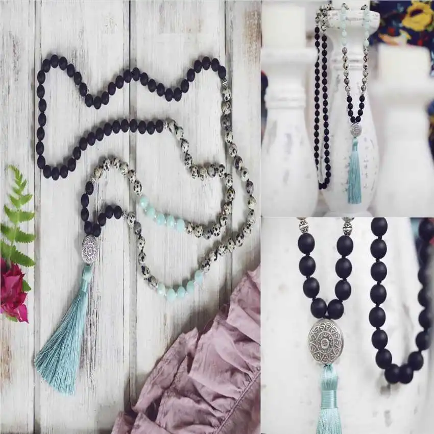 8mm Natural Amazonium 108 Beads Tassel Knot Necklace Couples Enthusiasts Men's Hipster Sacred wear Spiritual Mala Yoga