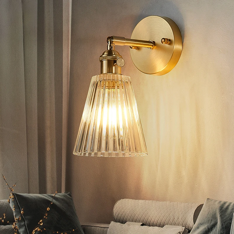 

Contemporary Traditional Indoor Decorative Fixture Modern Simple Hand Blown Clear Glass Wall Sconce Lamp With Copper Metal