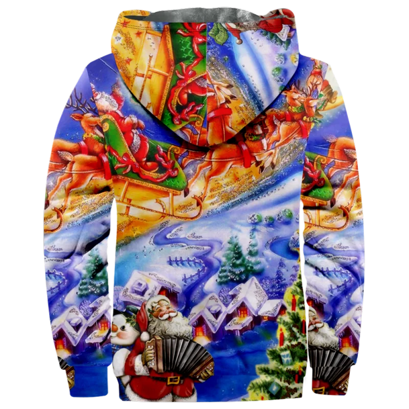 Christmas Cotton Coat Hooded Sweater Casual Print Men's Fur Loop Arctic Velvet Zipper Patch Pocket Hooded Sweater a04