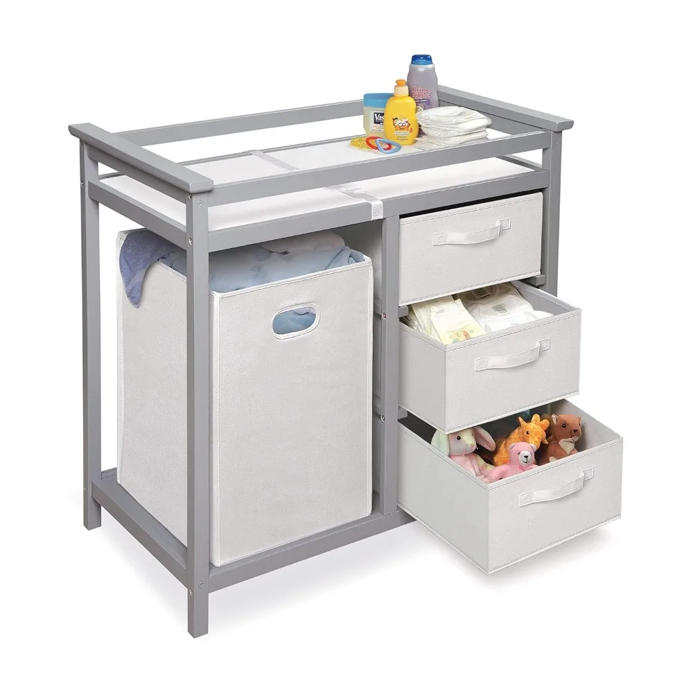 Modern Baby Changing Table with Laundry Hamper, 3 Storage Drawers and Pad, Diaper Change Station-Cool Gray/White