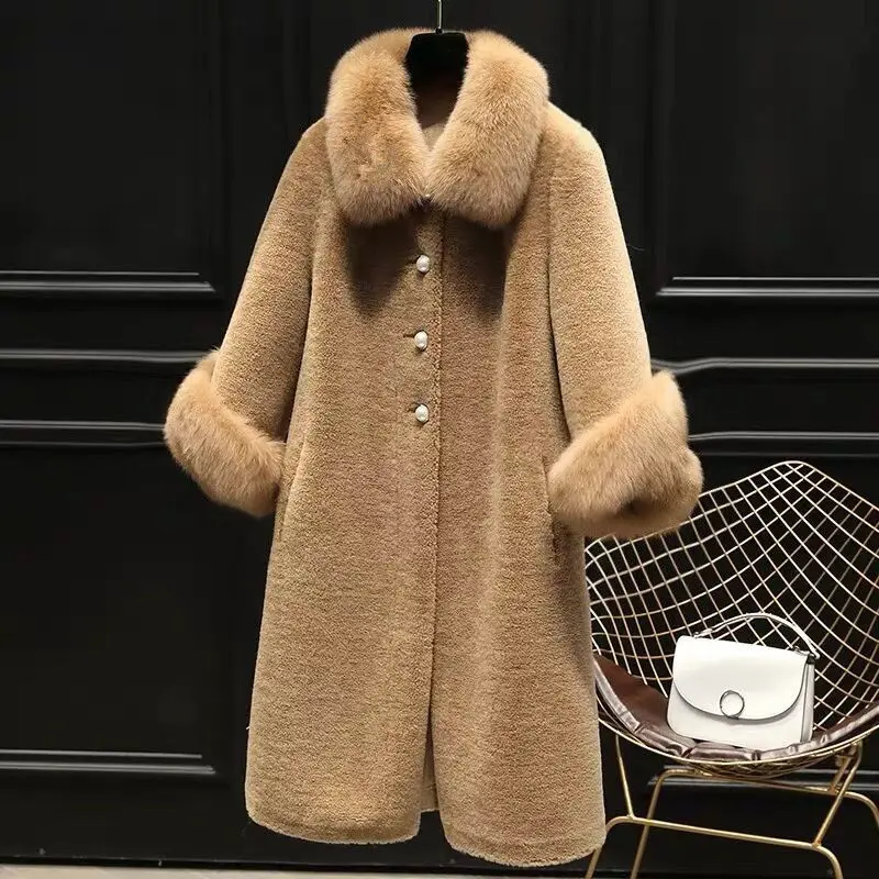 Korean Imaitation Mink Long Coat Women Casual Faux Fox Fur Collar Sheep Fleece Winter Jacket Plus Size Windproof Loose Overcoat