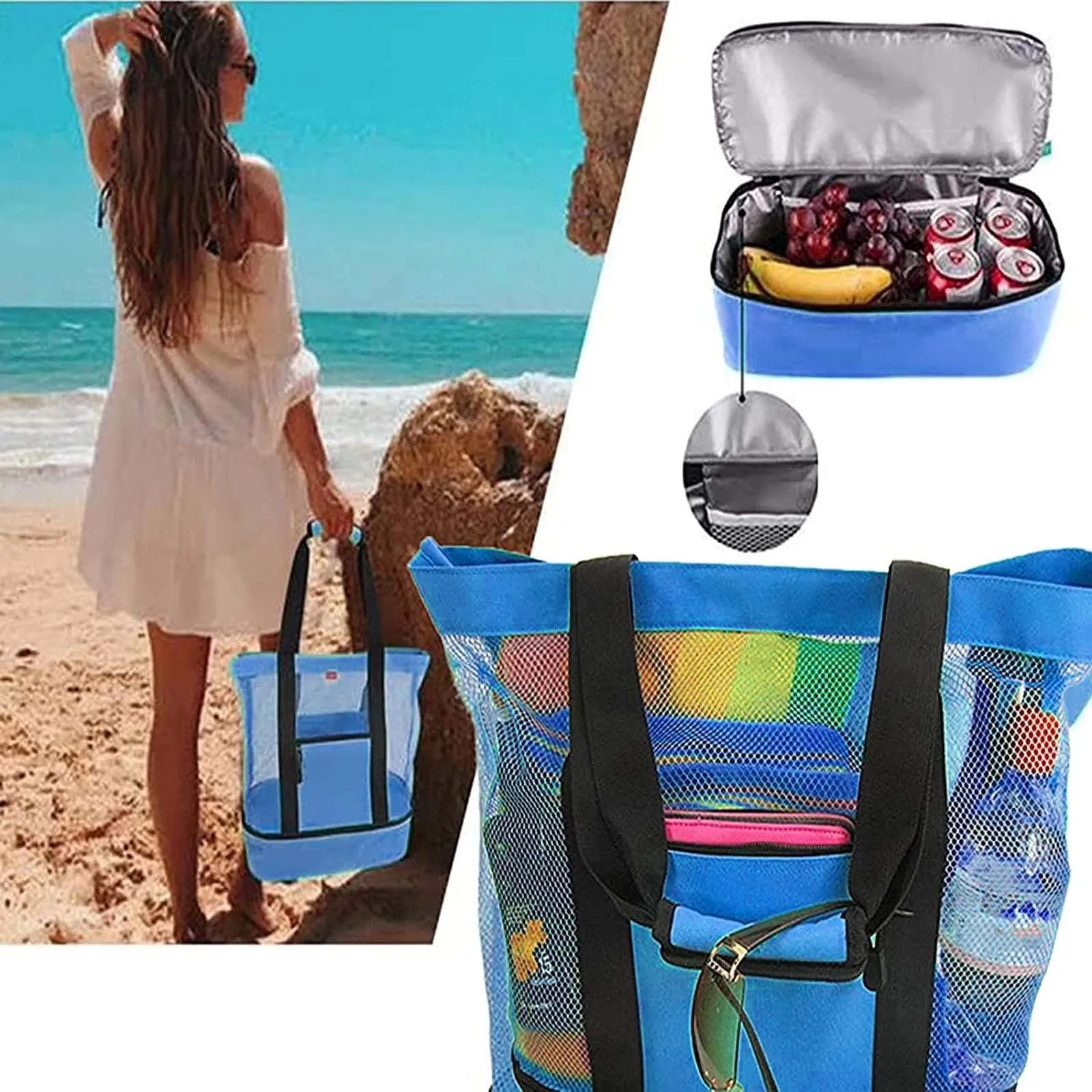 

New Mesh Beach Tote Bag For Picnic Camping Storage Bag Organizer Women Insulation Bag With Large Capacity Multi-Function Handbag