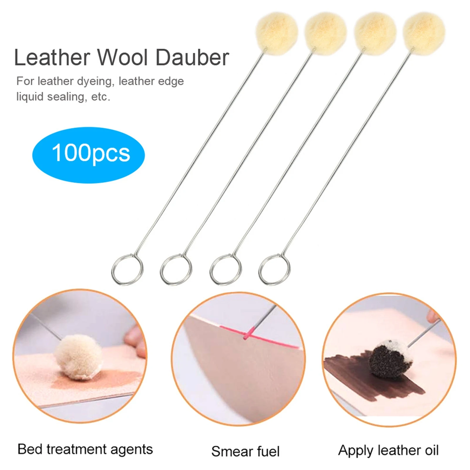 100Pcs Leather Wool Daubers Oily Dye Ball Brush Metal Handle DIY HandMade Craft Tool