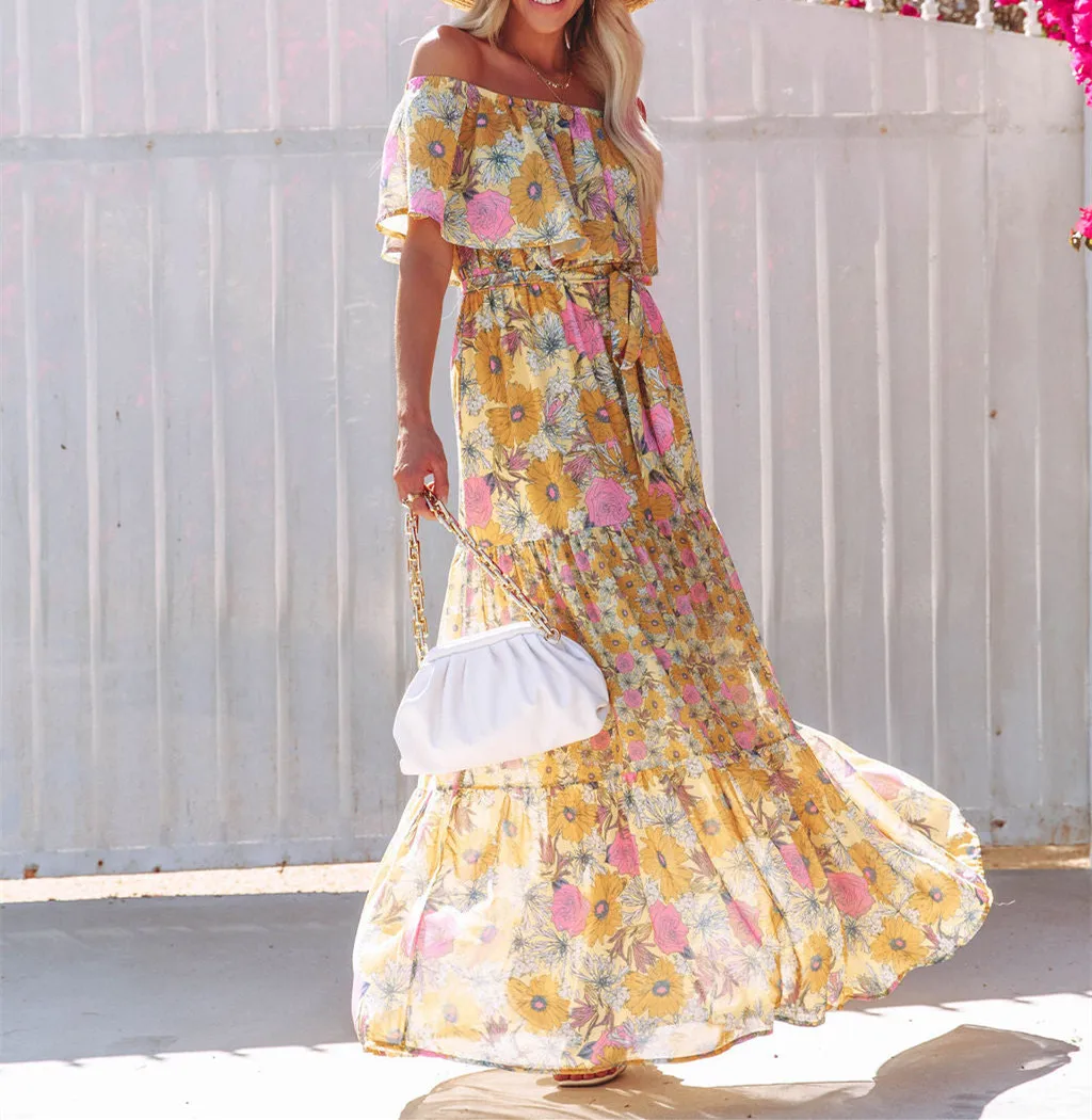 Flower Print Off Shoulder Long Dresses For Women Spring Summer New Fashion Temperament High Waist Leace-up Dress Female Vestidos 11 undefined