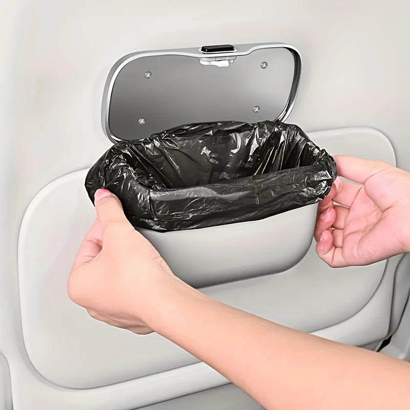 Multifunctional Car Trash Can with Lid Button – Hanging Auto Garbage Bin Wet & Dry Use Car Interior Organizer Storage Box