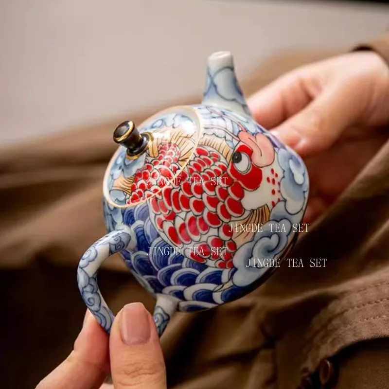 Jingdezhen Ceramic Teapot Tea Set 160ml Japanese Style Blue and White Dragon Fish Teapot Underglaze Colour