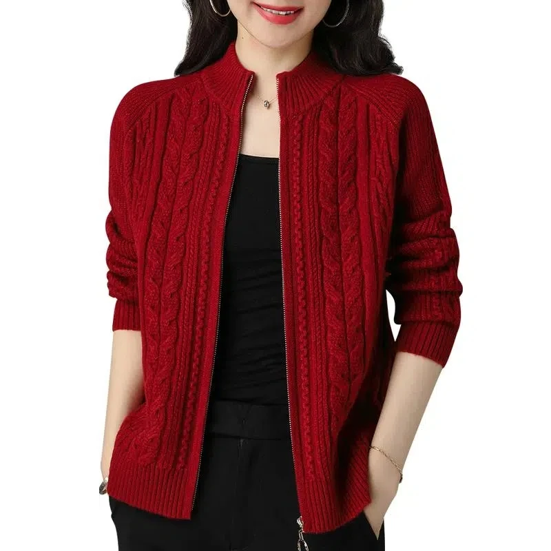 Half High Collar Zipper Knitted Cardigan Jacket Women Autumn New Style