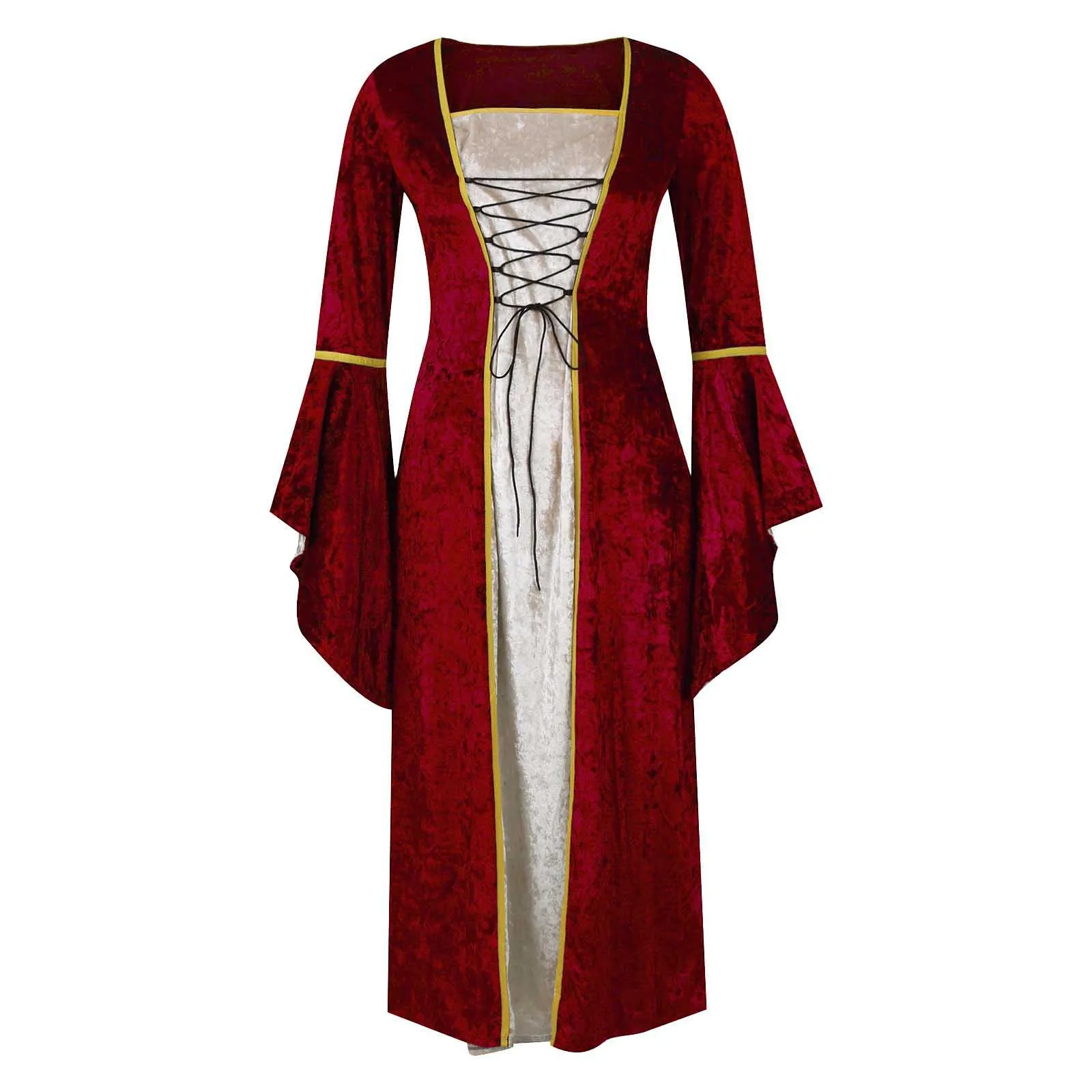 

Gold Velvet Bell Sleeves Retro European Long Floor-Length Skirt For Women Halloween Costumes For Women Vestidos Elegantes платье